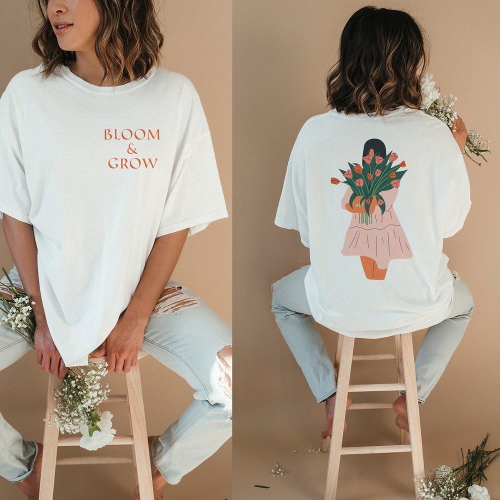 Orange Bloom and Grow Floral White T Shirt